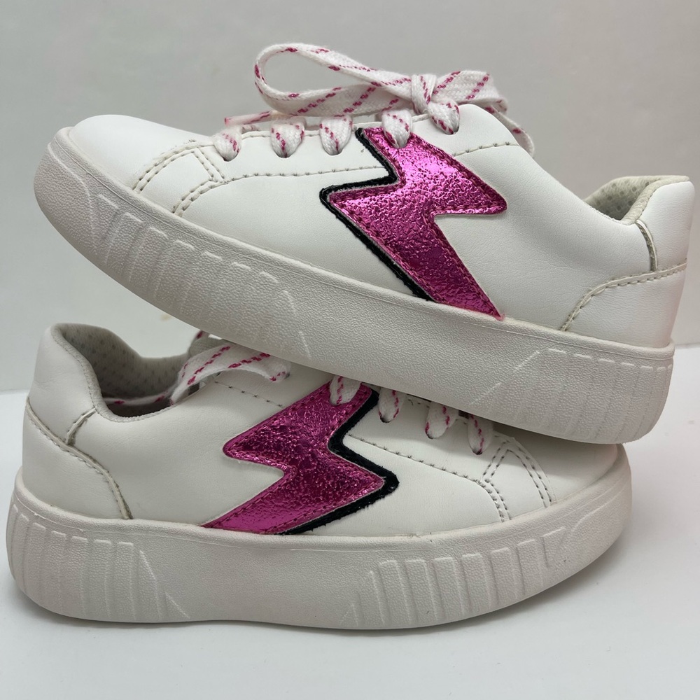 Geox Kids White Leather Sneakers with Pink Lightning Bolt with orthopedic insole